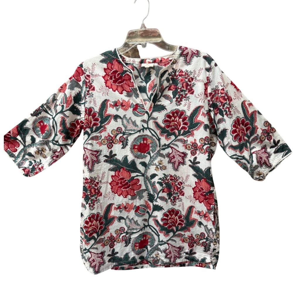 Anokhi Womens Small Red Green Floral Block Print Cotton‎ Tunic Top Split Neck S